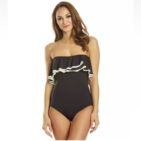 Contours Coco Reef Agate Ruffle Bandeau Bra Sized 1 Piece Swimsuit 12/36C blue - Picture 7 of 10